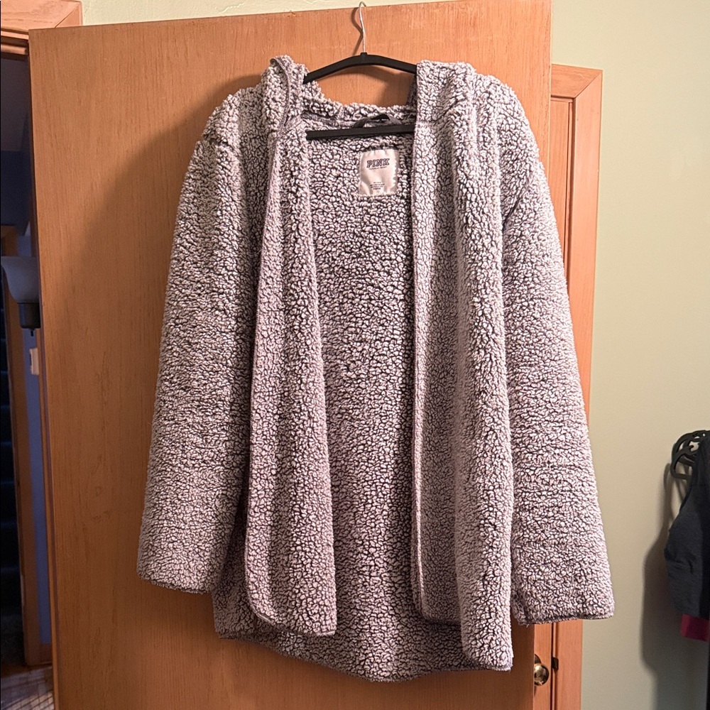 PINK Cozy Sherpa Open-Front Hooded Cardigan in Light Gray